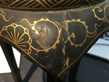 A tall Japanese gold-lacquered tortoise shell brush pot on tripod stand, Meiji, ca. 1880