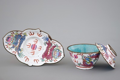Five Chinese Canton enamel pieces, inc. a large bowl and covered cup on stand, 18/19th C.
