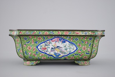 Five Chinese Canton enamel pieces, inc. a large bowl and covered cup on stand, 18/19th C.