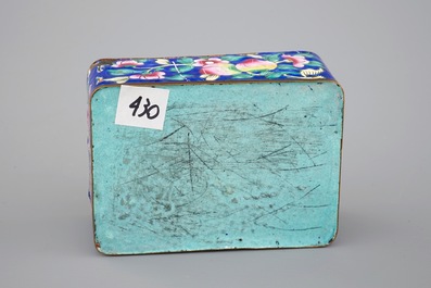 Five Chinese Canton enamel pieces, inc. a large bowl and covered cup on stand, 18/19th C.
