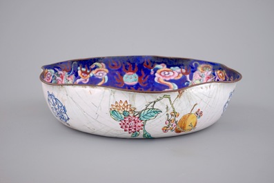 Five Chinese Canton enamel pieces, inc. a large bowl and covered cup on stand, 18/19th C.