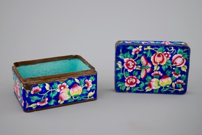 Five Chinese Canton enamel pieces, inc. a large bowl and covered cup on stand, 18/19th C.