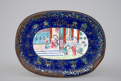 Five Chinese Canton enamel pieces, inc. a large bowl and covered cup on stand, 18/19th C.