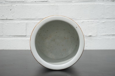A signed Chinese Qianjiang porcelain brush pot with a landscape all over, early 20th C.