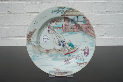 A fine and rare Chinese famille rose porcelain "Fishing" plate, Yongzheng, 1722-1735