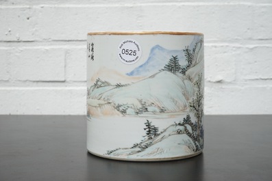 A signed Chinese Qianjiang porcelain brush pot with a landscape all over, early 20th C.