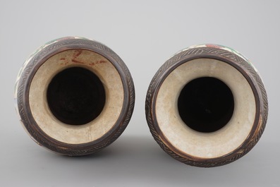 A tall pair of Chinese famille verte crackle glaze vases, Nanking, 19th C.