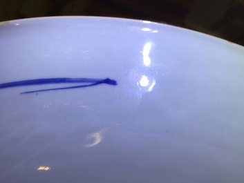 A pair of blue and white Chinese porcelain peony scroll dishes, Kangxi, 18th C.