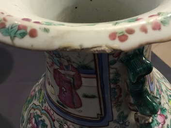 A tall Chinese porcelain famille rose vase with a figural scene and a small Qianjiang type vase, 19th C.