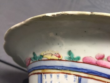A tall Chinese porcelain famille rose vase with a figural scene and a small Qianjiang type vase, 19th C.