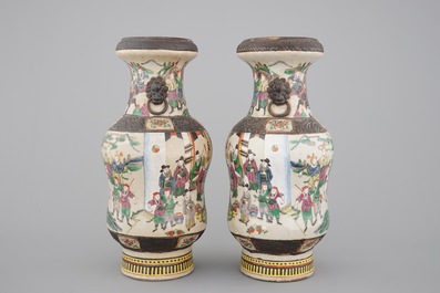 A tall pair of Chinese famille verte crackle glaze vases, Nanking, 19th C.