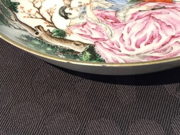 A Chinese famille rose export porcelain teapot and saucer with European subjects, Qianlong, 18th C.