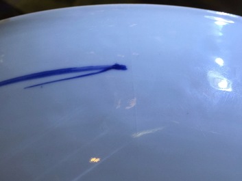 A pair of blue and white Chinese porcelain peony scroll dishes, Kangxi, 18th C.