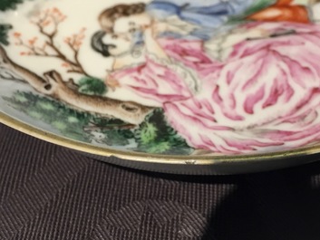 A Chinese famille rose export porcelain teapot and saucer with European subjects, Qianlong, 18th C.