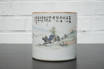 A signed Chinese Qianjiang porcelain brush pot with a landscape all over, early 20th C.