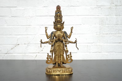 A fine Sino-Tibetan gilt bronze figure of Avalokitesvara, 17-18th C.