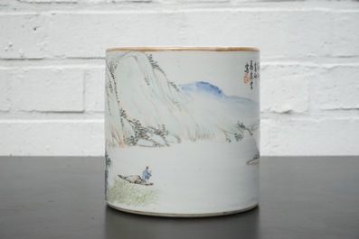 A signed Chinese Qianjiang porcelain brush pot with a landscape all over, early 20th C.