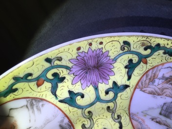 A fine pair of Chinese yellow ground sgrafitto plates, 19th C.