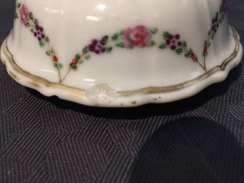 A Chinese famille rose export porcelain teapot and saucer with European subjects, Qianlong, 18th C.