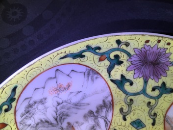 A fine pair of Chinese yellow ground sgrafitto plates, 19th C.