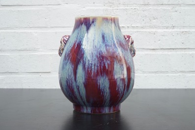 A Chinese porcelain flambe hu-shaped vase with elephant handles, 19/20th C.