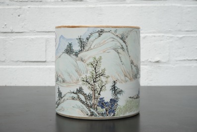 A signed Chinese Qianjiang porcelain brush pot with a landscape all over, early 20th C.