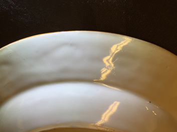 Three Chinese armorial export porcelain bianco sopra bianco and grisaille plates, Qianlong, 18th C.