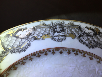 Three Chinese armorial export porcelain bianco sopra bianco and grisaille plates, Qianlong, 18th C.