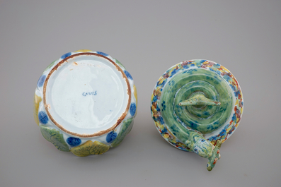 A Dutch Delft polychrome butter tub in the form of a pike, 18th C.