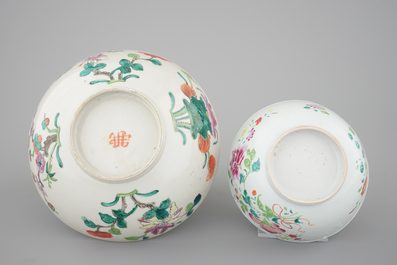 A pair of Chinese Imari-style porcelain dishes, two famille rose bowls and two Japanese Imari shaving bowls, 18th C.