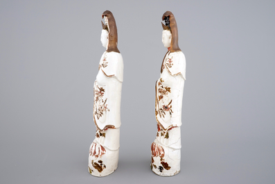 Two tall cold-painted Chinese blanc de Chine Dehua figures of Guanyin, 18th C