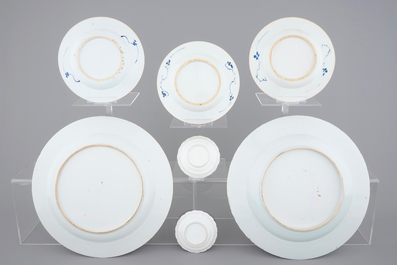 Two large blue and white dishes, 3 Imari plates, two mandarin saucers, all 18th C. and two ducks, 19/20th C.
