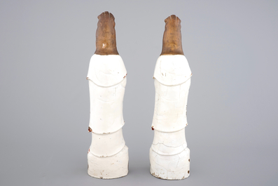 Two tall cold-painted Chinese blanc de Chine Dehua figures of Guanyin, 18th C