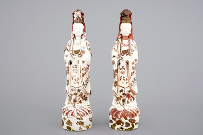 Two tall cold-painted Chinese blanc de Chine Dehua figures of Guanyin, 18th C