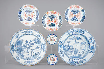 Two large blue and white dishes, 3 Imari plates, two mandarin saucers, all 18th C. and two ducks, 19/20th C.
