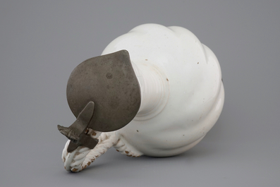 A large white Delft pewter-mounted jug with rope twist handle, 17th C.