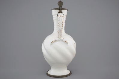 A large white Delft pewter-mounted jug with rope twist handle, 17th C.