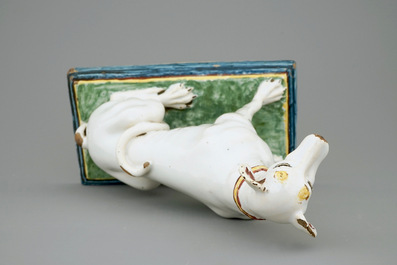 A tall polychrome Brussels faience model of a sighthound, 18th C.