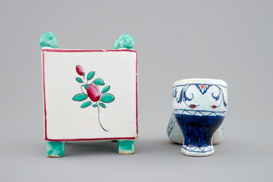A French faience miniature square flower pot and a Rouen faience shoe, 18/19th C.