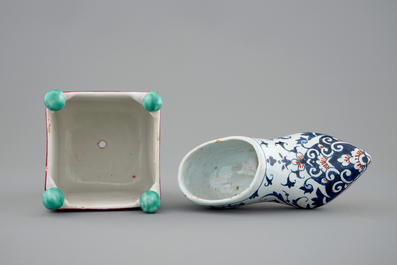 A French faience miniature square flower pot and a Rouen faience shoe, 18/19th C.