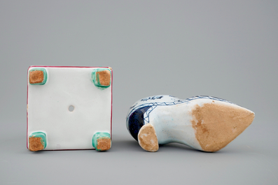 A French faience miniature square flower pot and a Rouen faience shoe, 18/19th C.