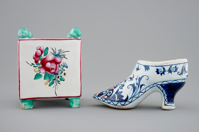 A French faience miniature square flower pot and a Rouen faience shoe, 18/19th C.