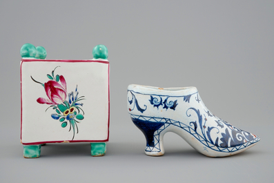 A French faience miniature square flower pot and a Rouen faience shoe, 18/19th C.