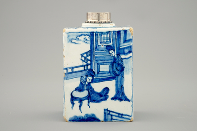 A fine blue and white Dutch Delft chinoiserie tea caddy, Kangxi style, ca. 1700