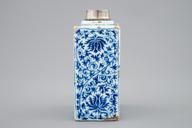 A fine blue and white Dutch Delft chinoiserie tea caddy, Kangxi style, ca. 1700