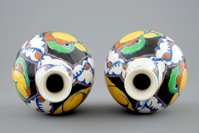 A pair of Charles Catteau vases with parrots for Boch K&eacute;ramis, 1st half 20th C.