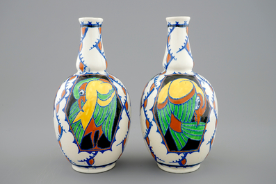 A pair of Charles Catteau vases with parrots for Boch K&eacute;ramis, 1st half 20th C.