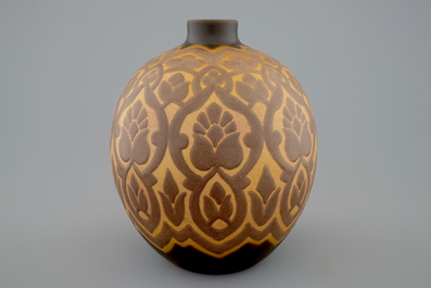 A Charles Catteau stoneware gr&egrave;s vase with floral design for Boch K&eacute;ramis, 1st half 20th C.