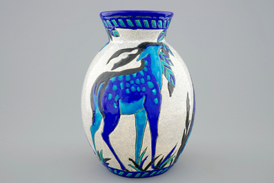 A Charles Catteau crackle glazed vase with deers for Boch K&eacute;ramis, 1st half 20th C.