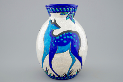 A Charles Catteau crackle glazed vase with deers for Boch K&eacute;ramis, 1st half 20th C.